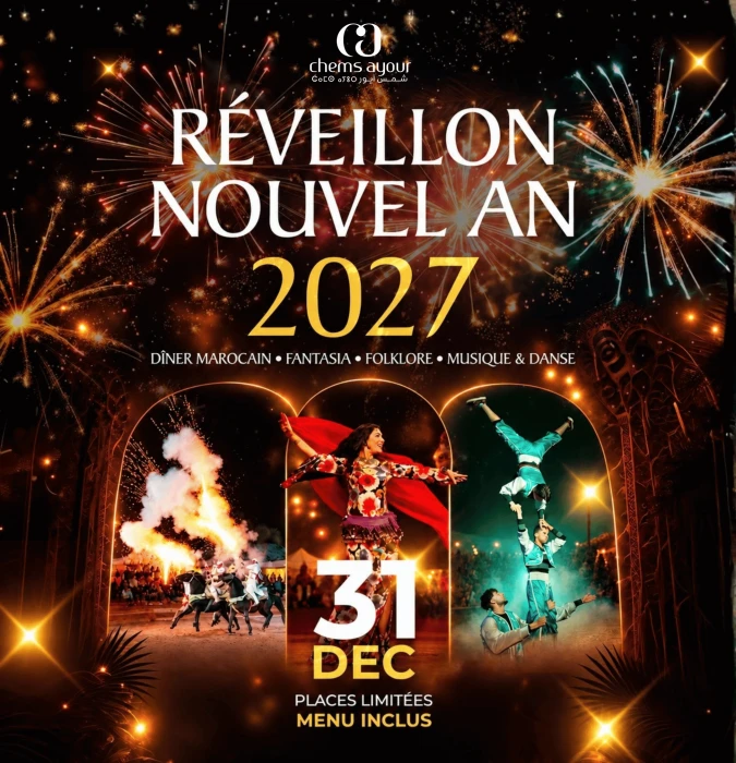 Affiche et programmation – Réveillon 2027 – Dîner Marocain, Fantasia & Grande Soirée