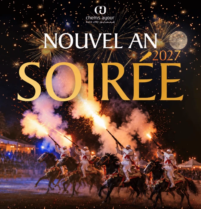 Affiche et programmation – Réveillon 2027 – Dîner Marocain, Fantasia & Grande Soirée